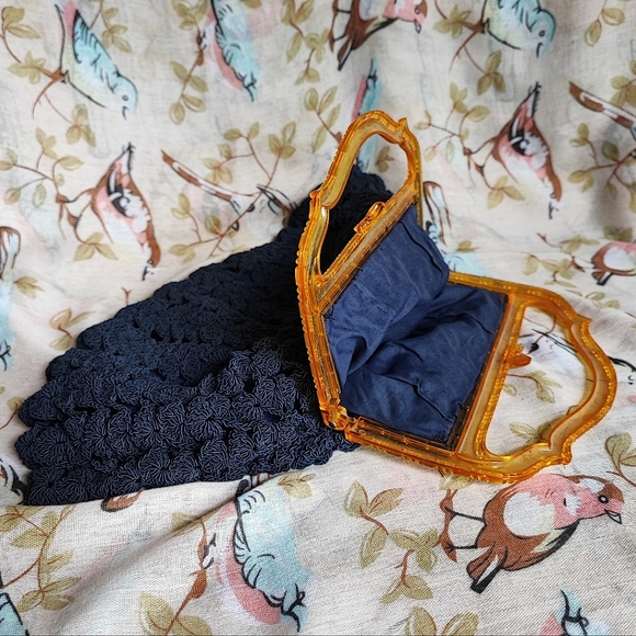 Vintage 1940's Large Half Moon Corded Clutch Purse Crochet Carved Lucite Handle - Picture 10 of 10